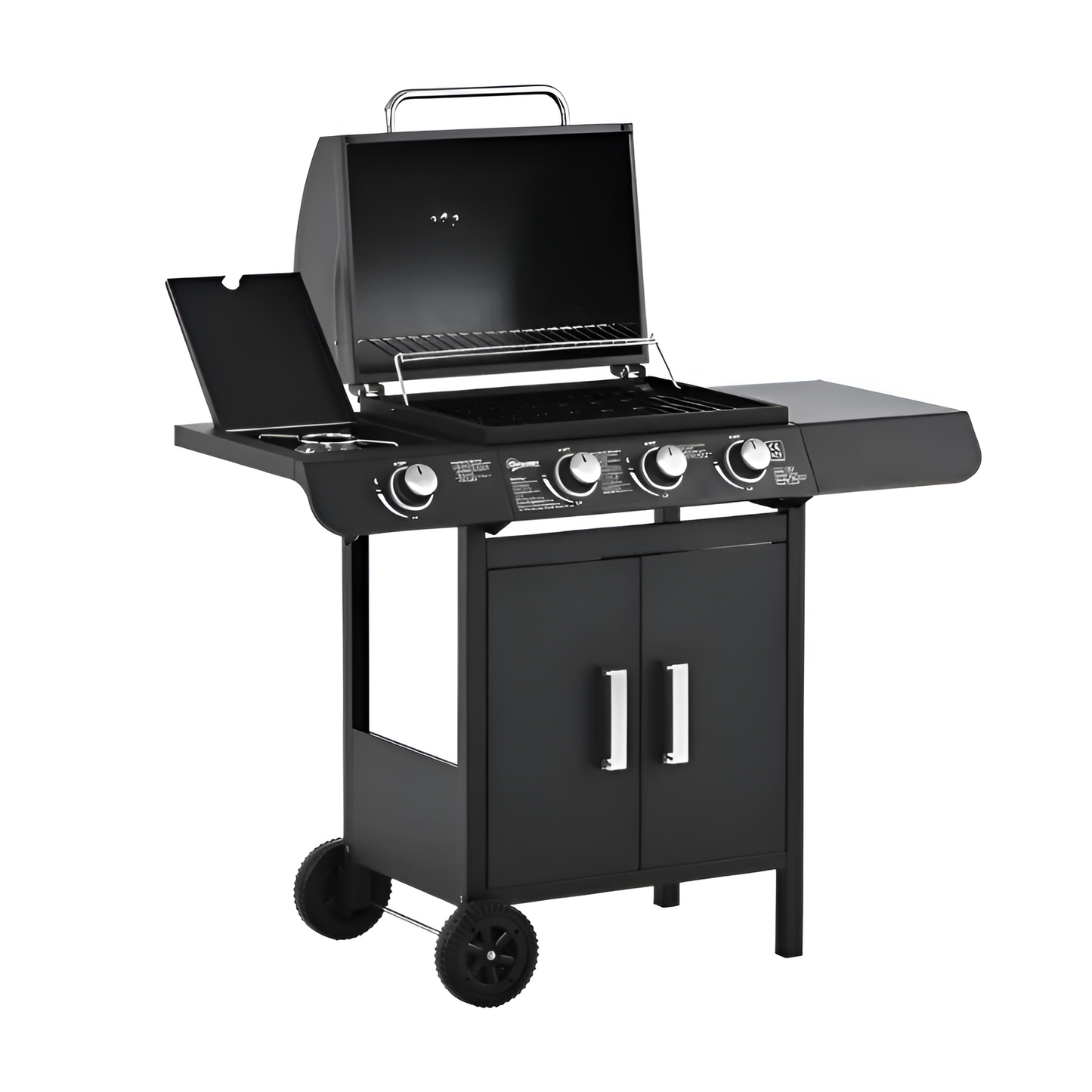 Barbacoa de gas con 3+1 quemadores 11,6KW 2 mesas laterales + Parrilla y limpiador de barbacoa