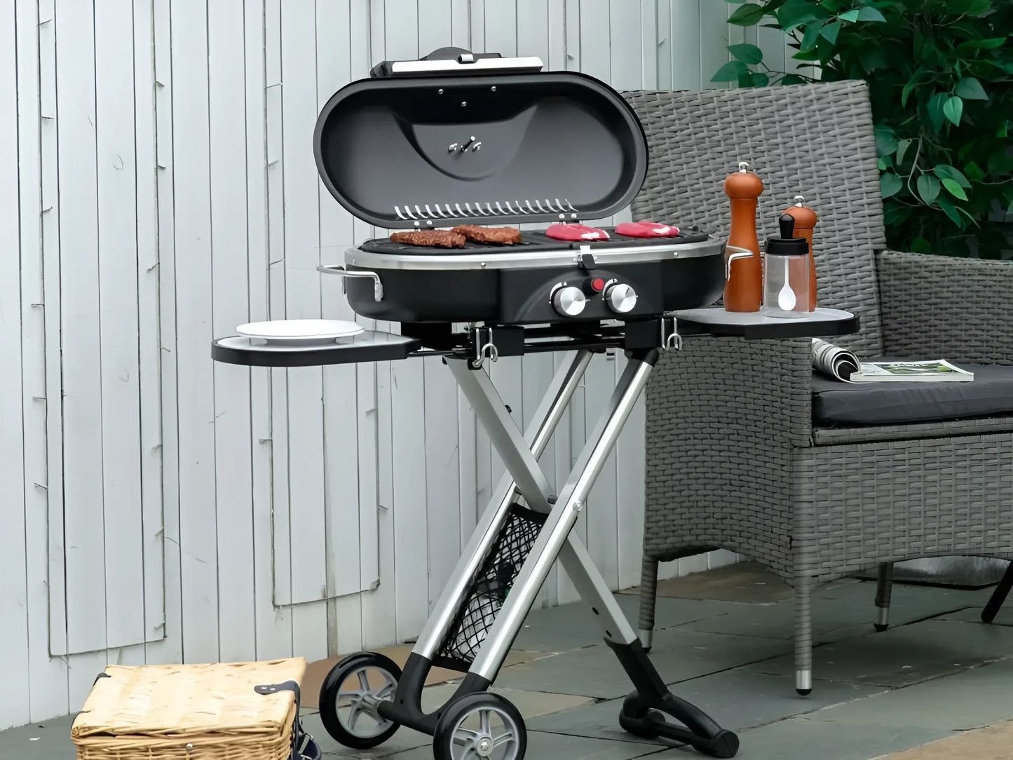 Barbacoa de gas plegable con 2 quemadores y mesas laterales + limpiador de parrilla y barbacoa