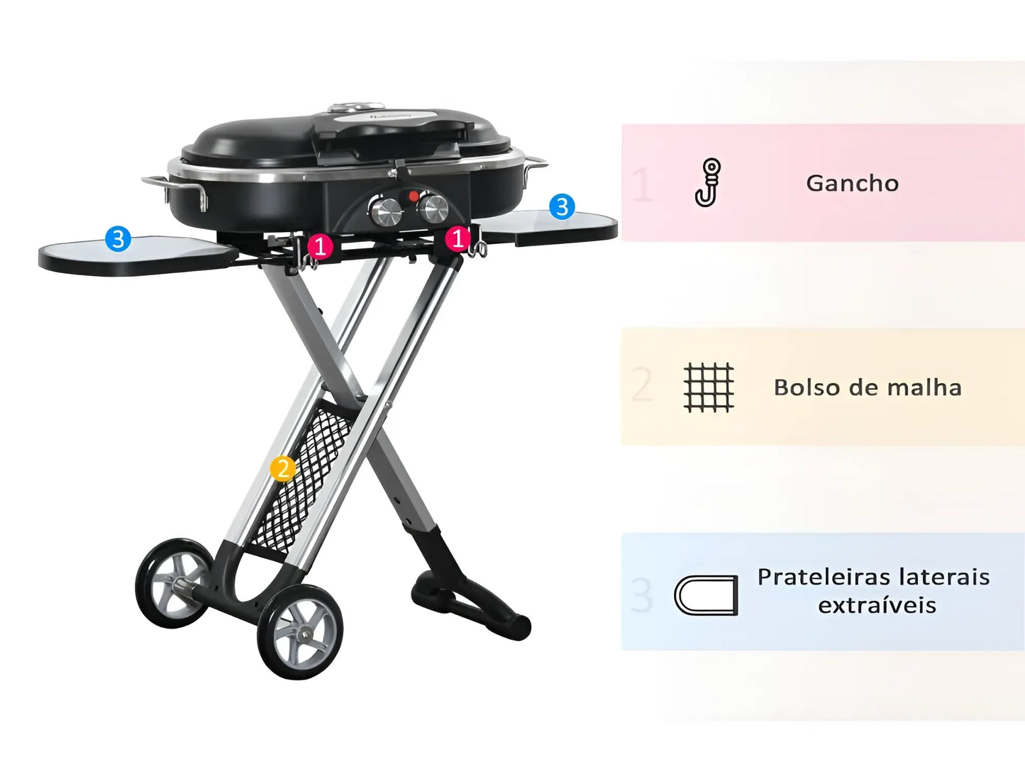 Barbacoa de gas plegable con 2 quemadores y mesas laterales + limpiador de parrilla y barbacoa