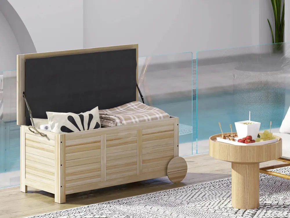 Baúl de madera impermeable para exteriores de 185 l con tapa extraíble