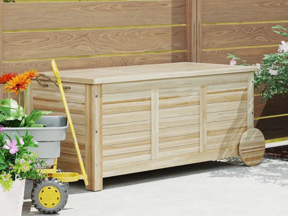 Baúl de madera impermeable para exteriores de 185 l con tapa extraíble