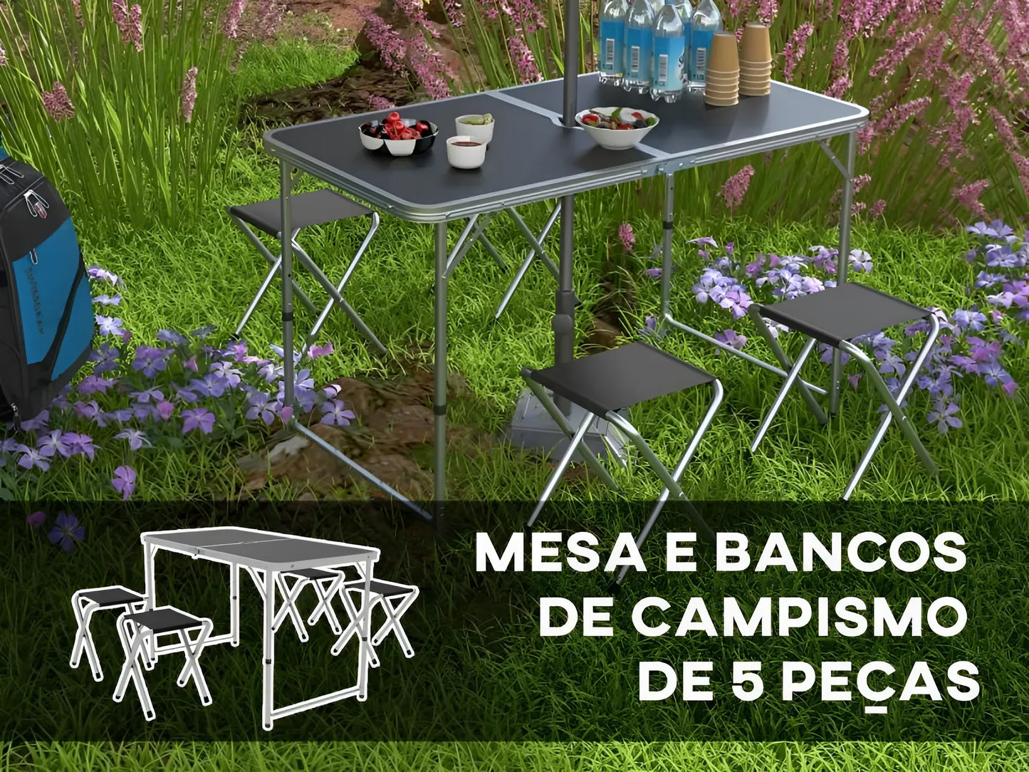 Conjunto de Campismo de 5 Peças Mesa Dobrável