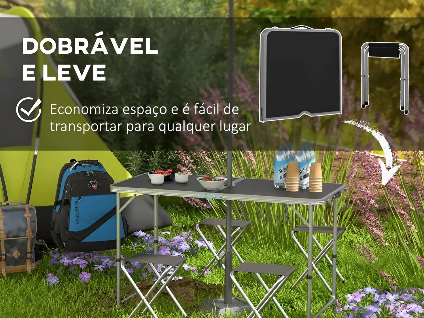 Conjunto de Campismo de 5 Peças Mesa Dobrável