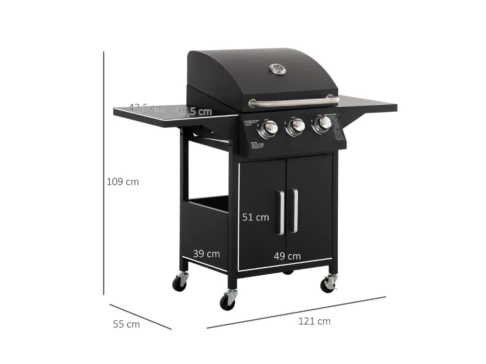 Barbecue a Gás com 3 Queimadores, Termómetro, Armazenamento e Rodas