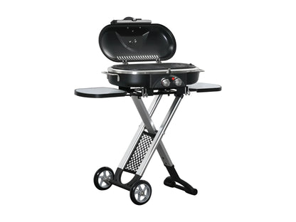 Barbacoa de gas plegable con 2 quemadores y mesas laterales + limpiador de parrilla y barbacoa