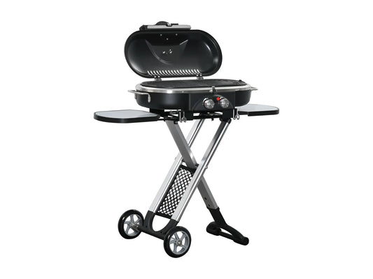 Barbacoa de gas plegable con 2 quemadores y mesas laterales + limpiador de parrilla y barbacoa