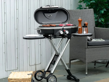 Barbacoa de gas plegable con 2 quemadores y mesas laterales + limpiador de parrilla y barbacoa