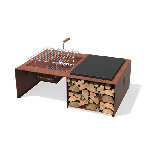 Braseiro/ Fire Pit Module c/ Grelhas Aço Corten + 4 Troncos de Queima Instantâneos