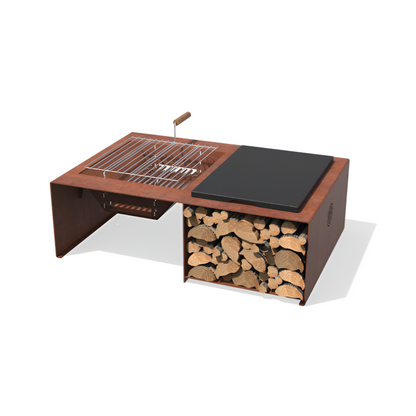 Braseiro/ Fire Pit Module c/ Grelhas Aço Corten + 4 Troncos de Queima Instantâneos