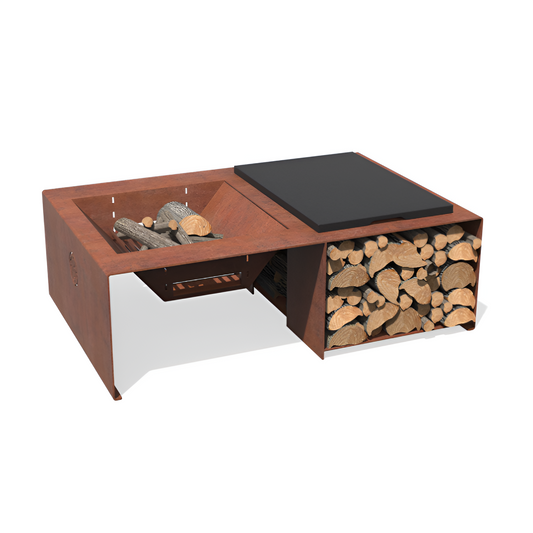 Braseiro/ Fire Pit Module s/ Grelhas Aço Corten + 4 Troncos de Queima Instantâneos