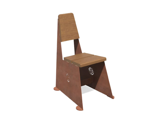 Silla ergonómica de exterior en acero corten y madera de kambala oscura