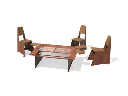 Silla ergonómica de exterior en acero corten y madera de kambala oscura